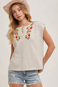 Bluivy - Embroidered Notch Neck Knit Top