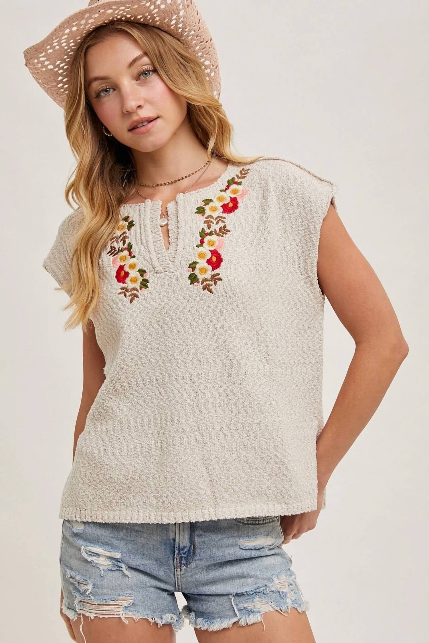 Bluivy - Embroidered Notch Neck Knit Top