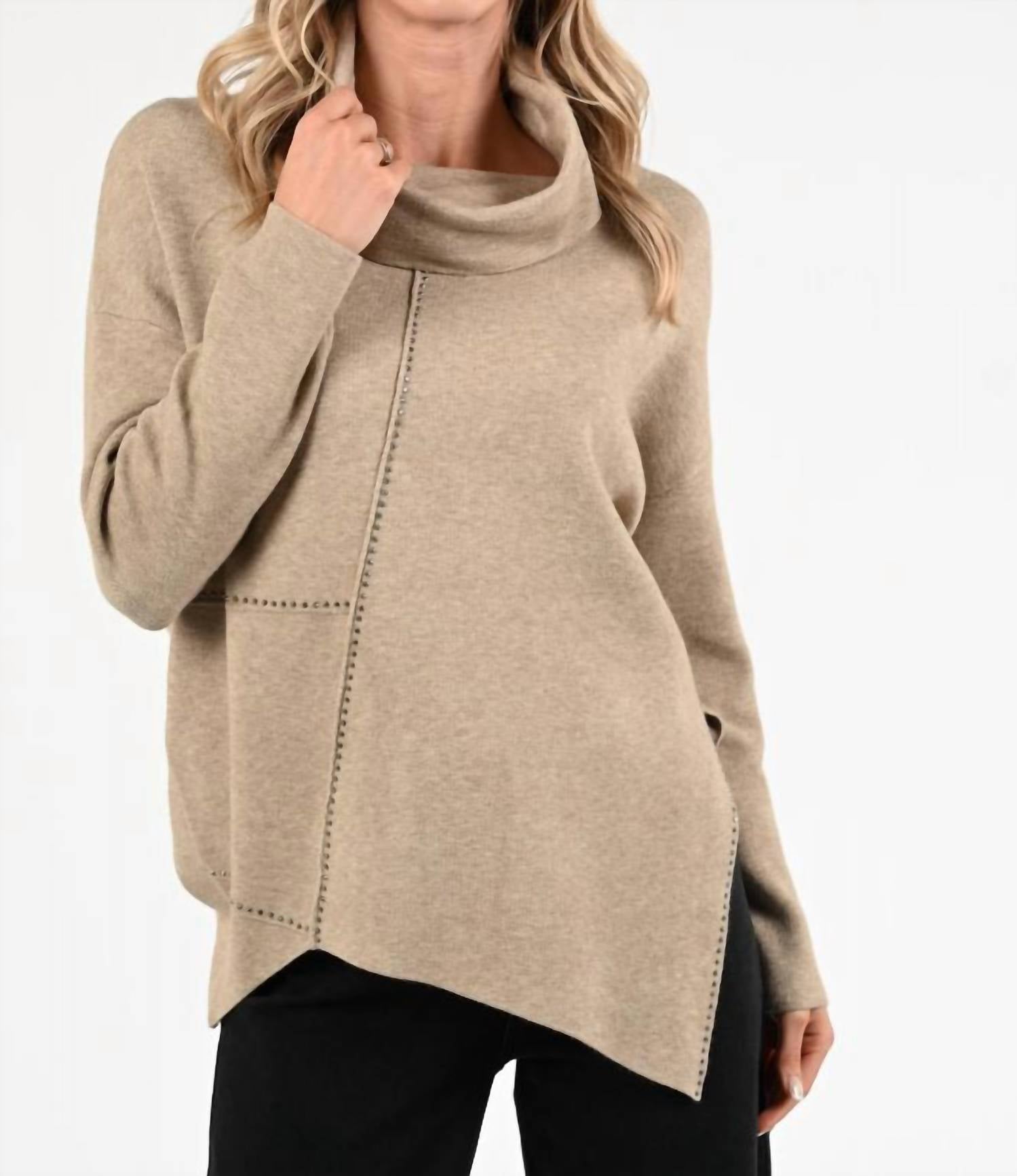 Joseph Ribkoff Cowl Neck Embellished Asymmetric Sweater Top in oatmeal - women's sweater