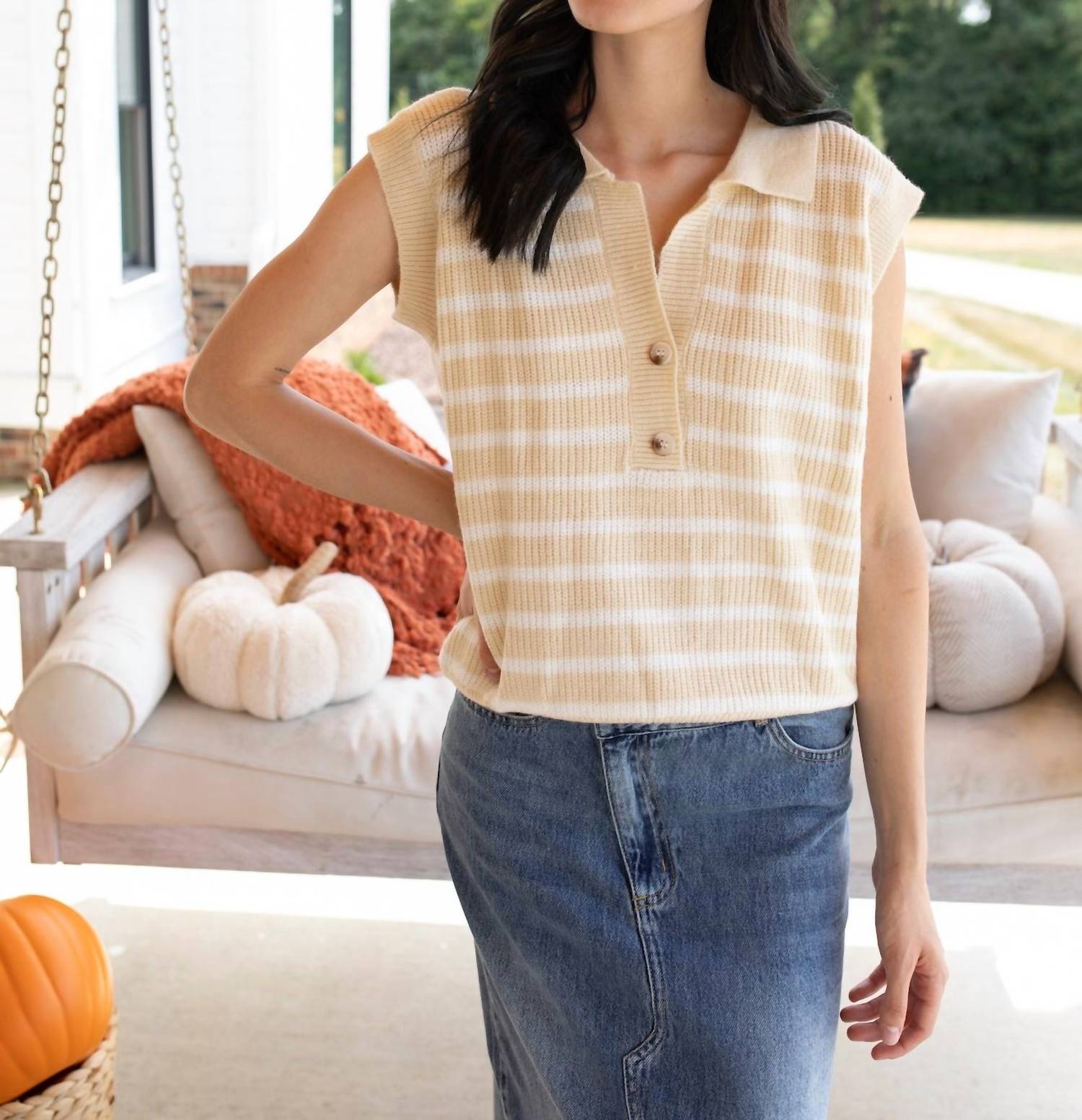 BiBi Sailor's Stripe Knit Vest in oatmeal ivory - women's blouse - detail view