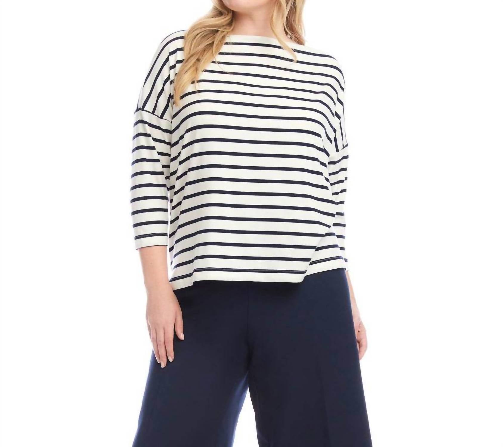 Karen Kane - Stripe 3/4 Sleeve Boatneck Top - Plus
