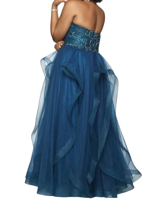 Blush Prom - Hand Beaded Tulle Strapless Ruffled Gown - Plus