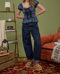 Blu Pepper - Plaid Bow Tie Front Puff Sleeve Peplum Blouse Top