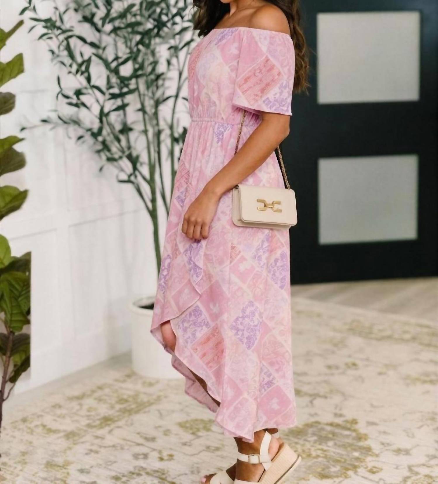 ANDREE BY UNIT Feminine Floral Off The Shoulder Midi Dress in pink - women's dress - detail view