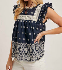 Bluivy - Boho Floral Embroidered Baby Doll Blouse