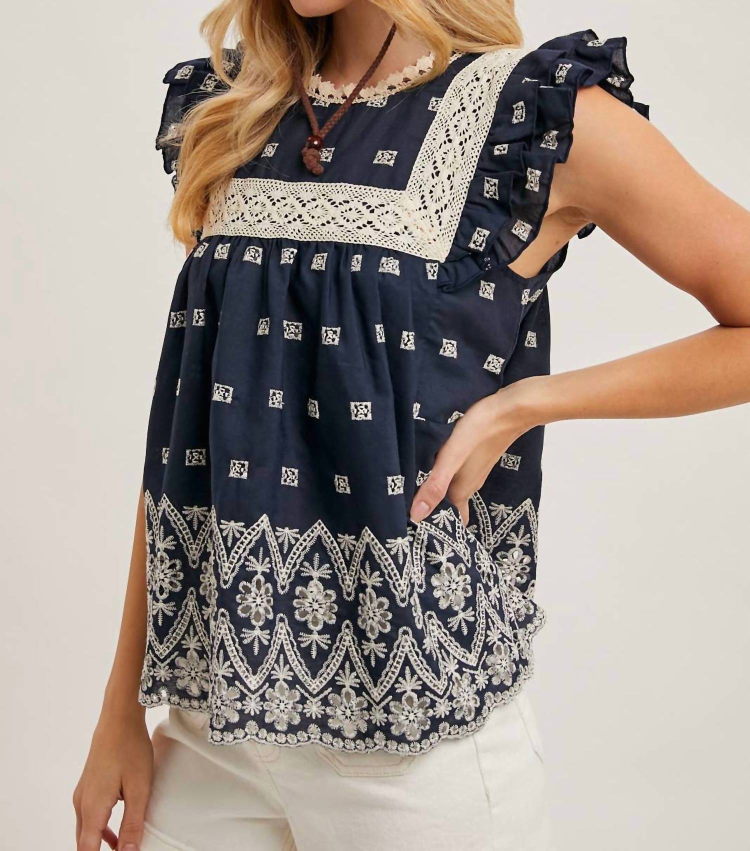 Bluivy - Boho Floral Embroidered Baby Doll Blouse