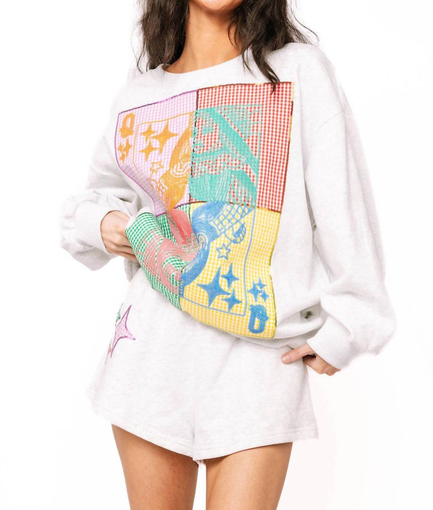 QUEEN OF SPARKLES Colorblock Gingham Card Logo Sweatshirt in grey - women's top - detail view