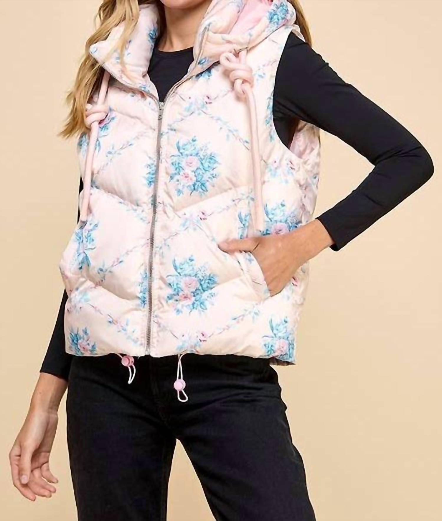 TCEC Floral Printed Vest With Hoodie in pink - women's jacket - detail view