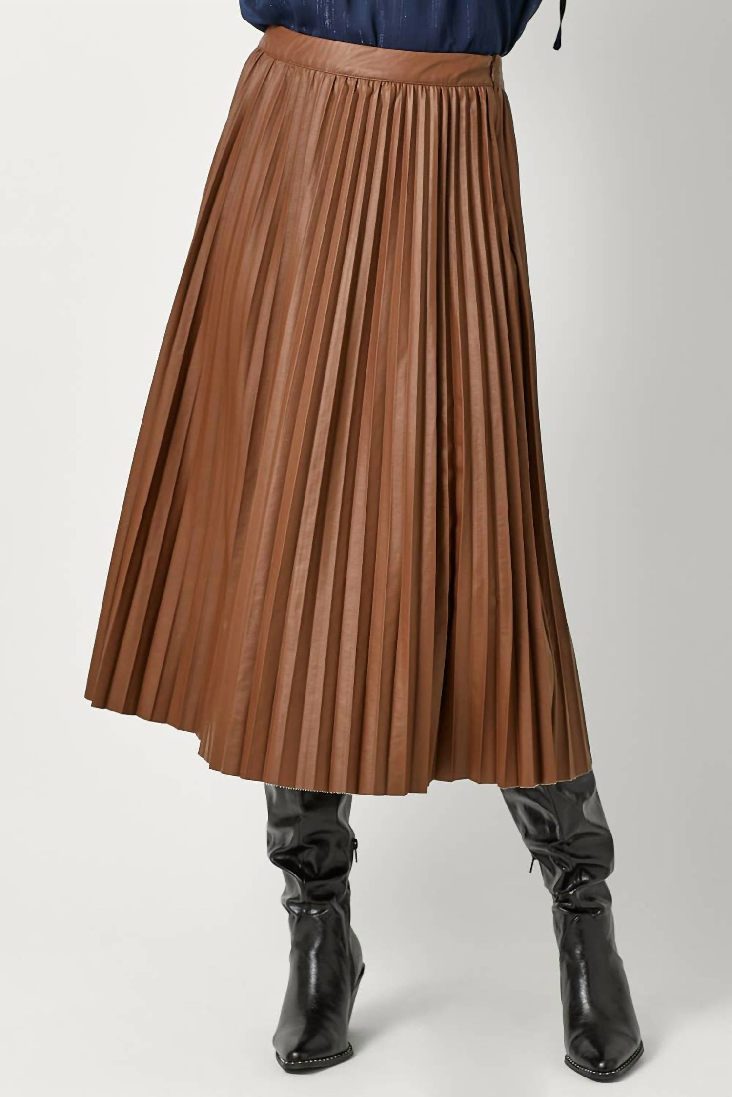 mystree Leather Pleated Midi Skirt in brown - women's skirt