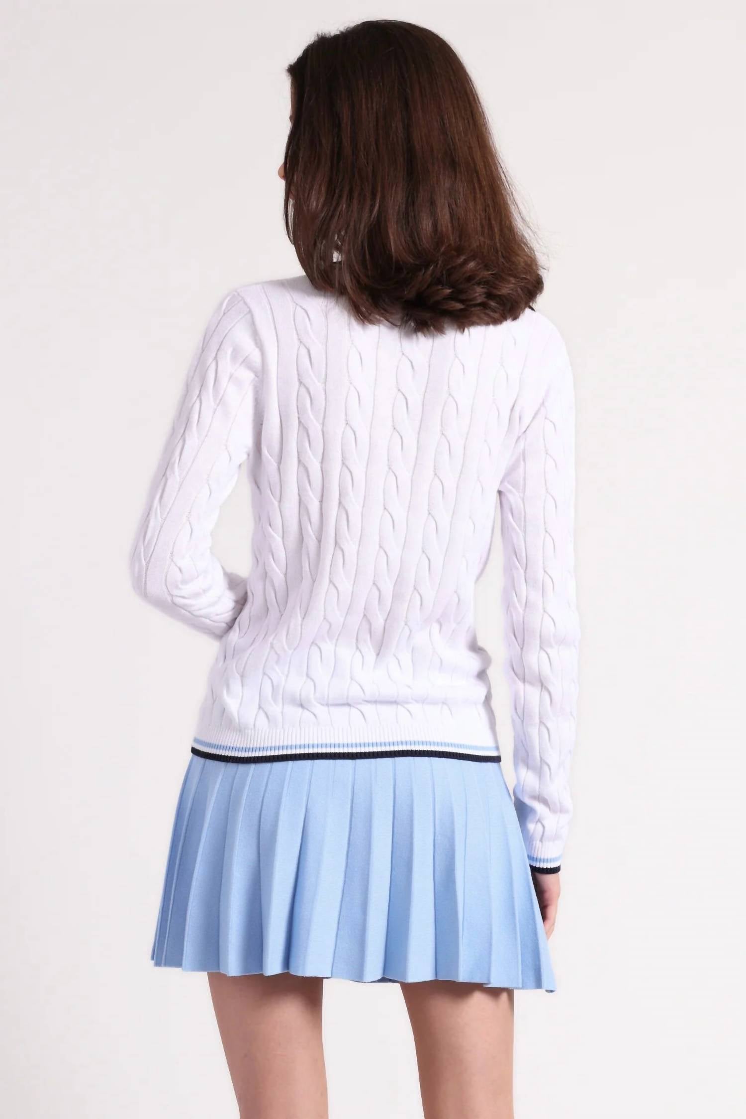 Minnie Rose - Cotton Cable Sporty V Neck Sweater