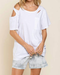 POL Distressed Short Sleeve Cotton Top in white - women's t-shirt