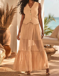 Surelymine - Sheer Maxi Skirt & Knit Vest Two-Piece Set
