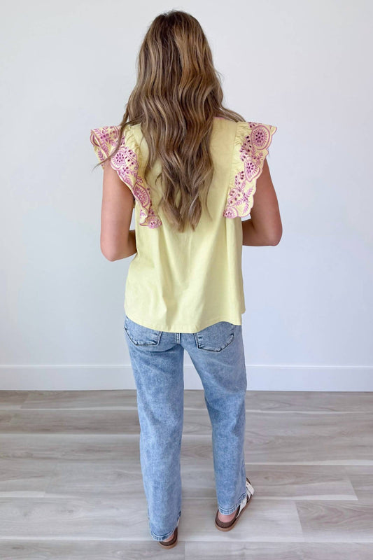 Easel - Chartreuse & Orchid Embroider Knit Top