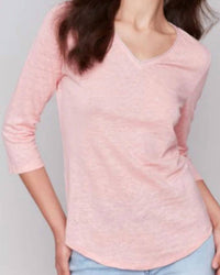 CHARLIE B 3/4 Sleeve V-neck Top in guava - women's blouse - detail view