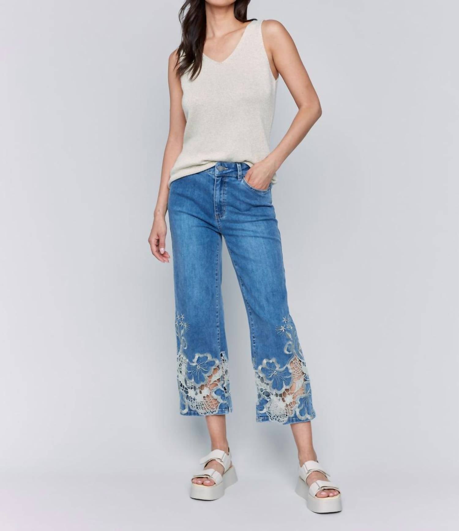Charlie B - Cropped Flare Leg Jeans With Lace Hem