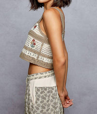 Pol - Sofia Floral Embroidery Crochet Striped Crop Top