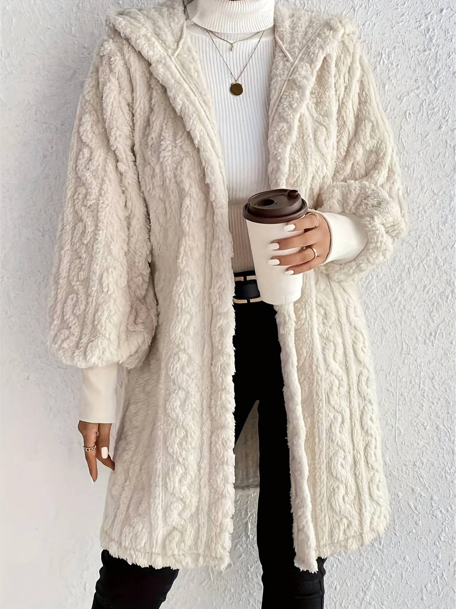 Rosa Clothing hooded plush threaded cuff midi coat in milk white - women's jacket - detail view