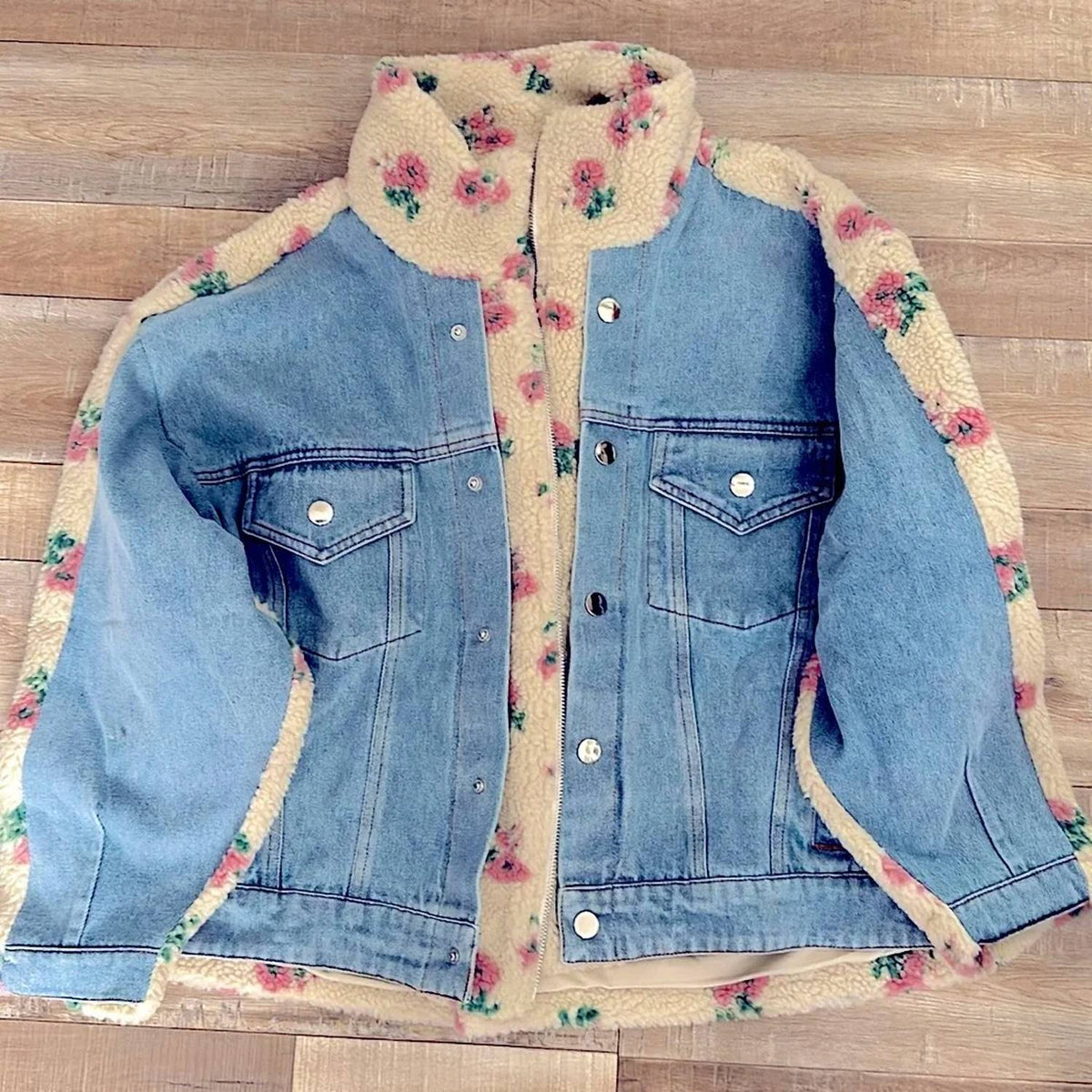 Mable - Women's Floral Sherpa Denim Jacket