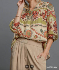 Umgee - Border Print Notched 3/4 Puff Sleeve Blouse
