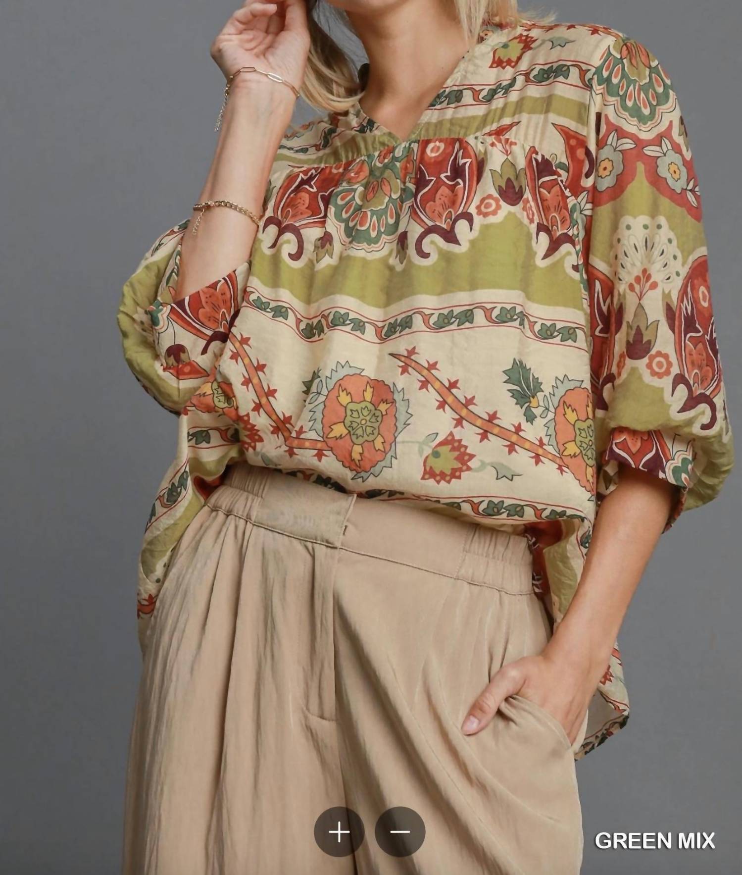 Umgee - Border Print Notched 3/4 Puff Sleeve Blouse