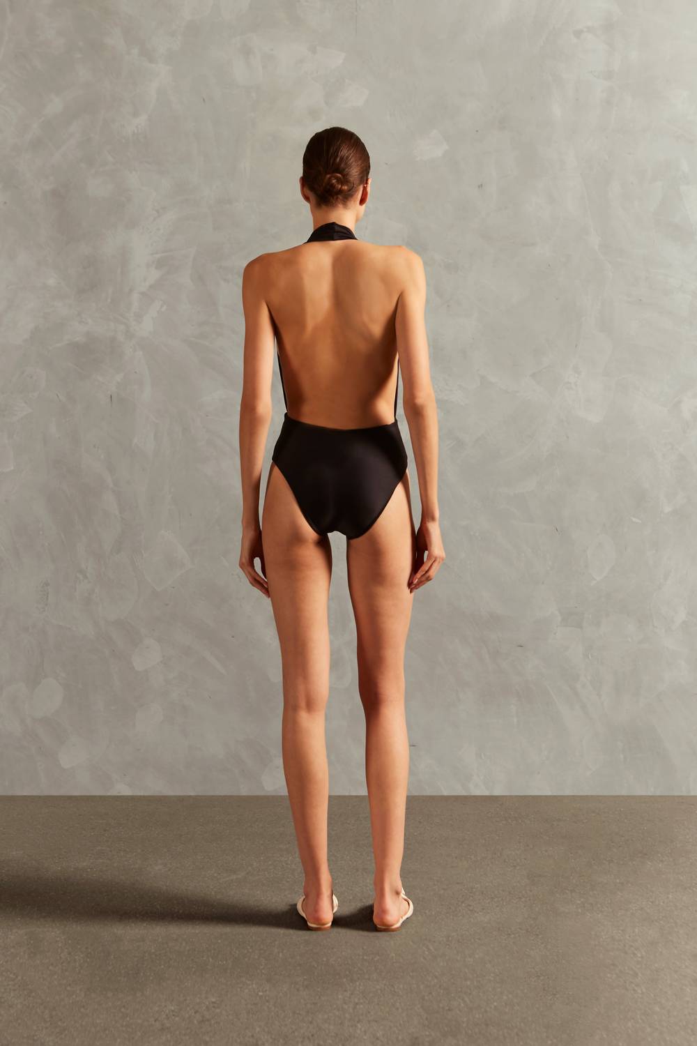 ADRIANA DEGREAS Solid Halterneck Swimsuit in black - women's swimwear - detail view