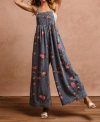Bibi - Flower Print Washed Denim Wide Leg Jumpsuit