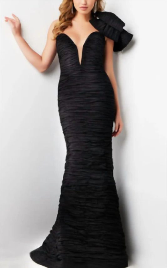 Jovani - One Shoulder Fitted Crushed Gown
