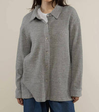 nlt Shore Deadstock Waffle Button Down Shirt in heather grey - women's shirt - detail view