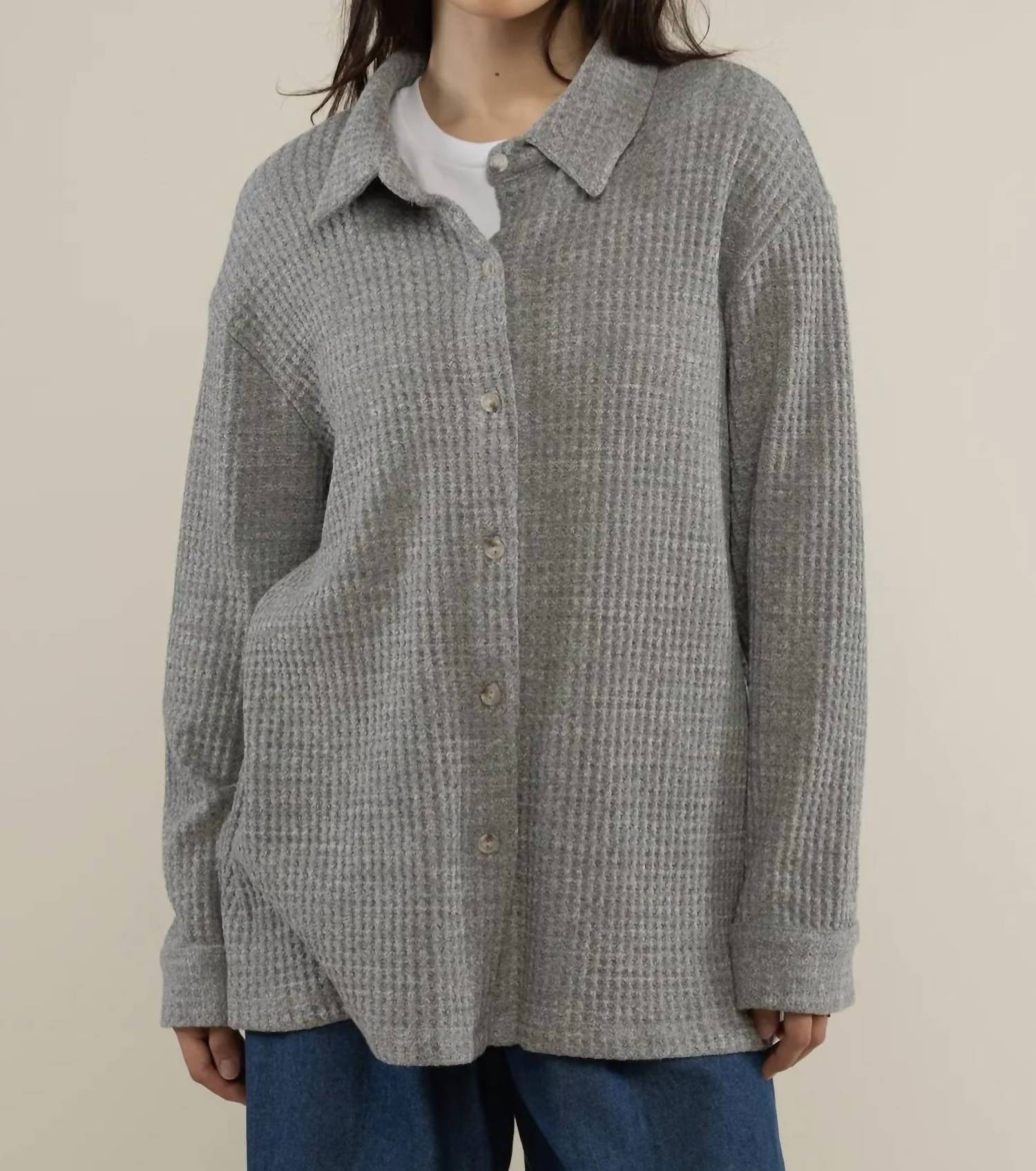 nlt Shore Deadstock Waffle Button Down Shirt in heather grey - women's shirt - detail view