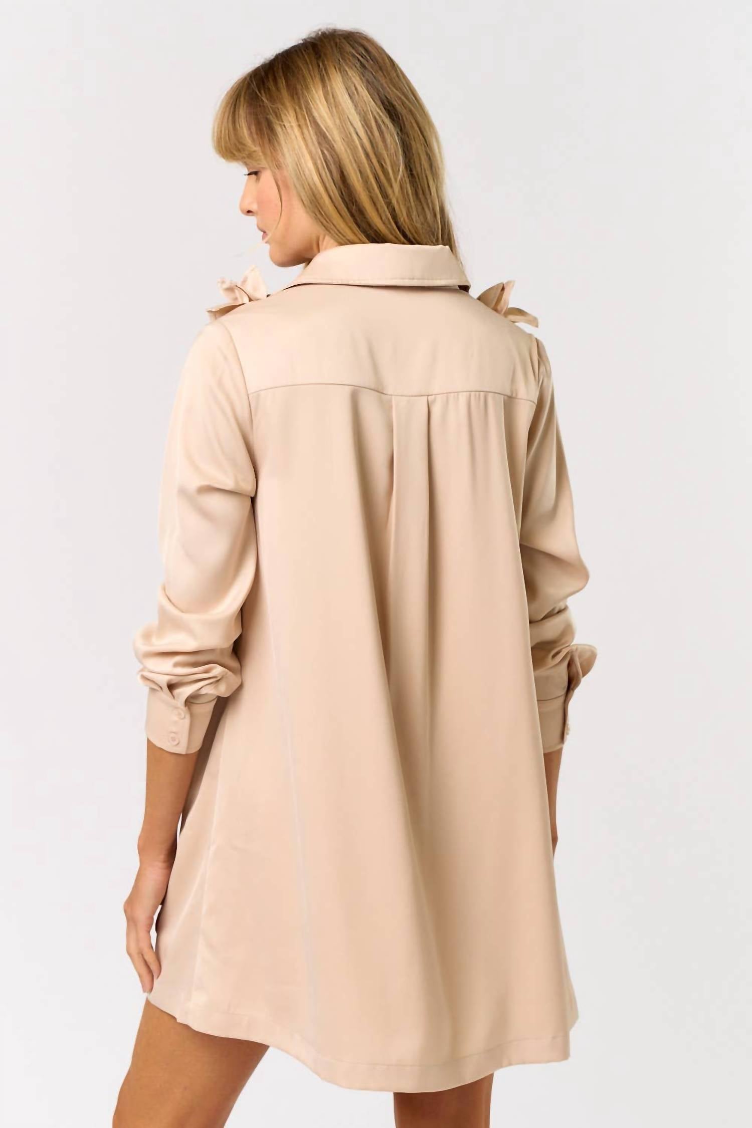 lalavon Satin Ruffle Detail Button Down Shirt Dress in champagne - women's dress - detail view