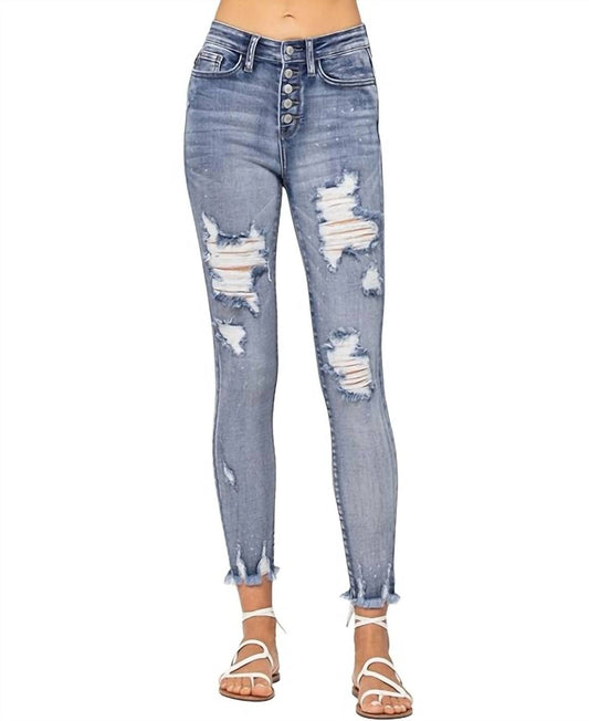 Judy Blue - High-Waist Button Fly Bleach Splash Destroyed Skinny Jean