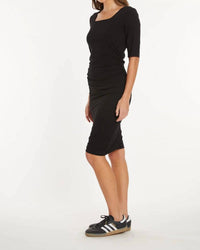 Mododoc - Elbow Sleeve Below The Knee Ruched Dress