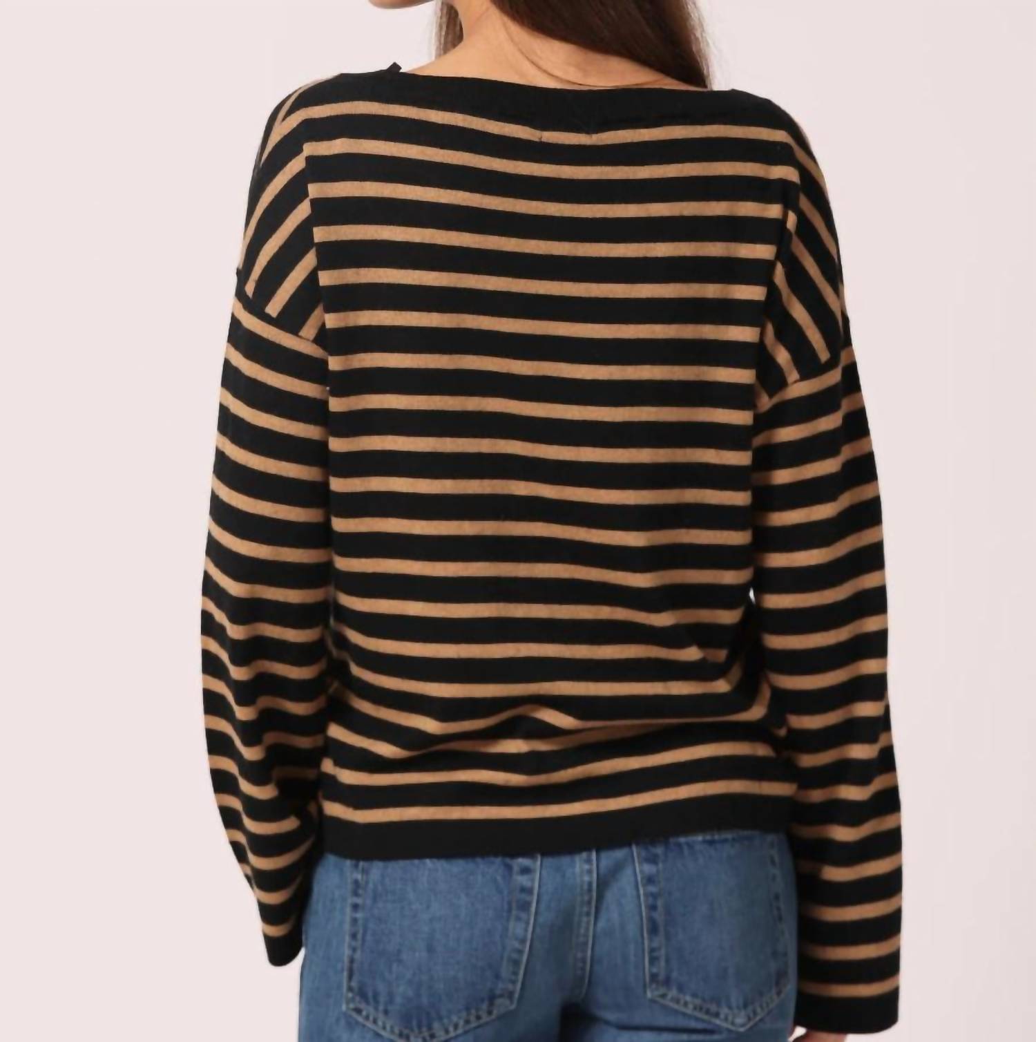 Minnie Rose - Striped Wide V Neck Sweater