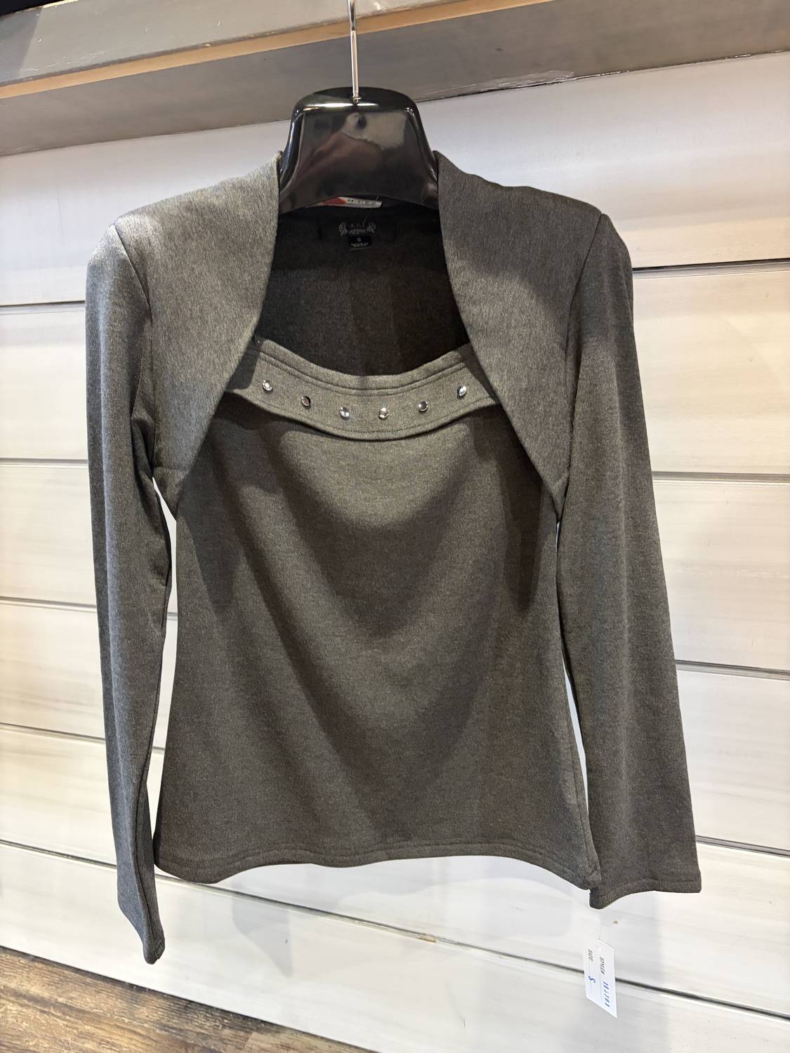 AZI Women's Stud Neck Top in grey - women's long sleeve top