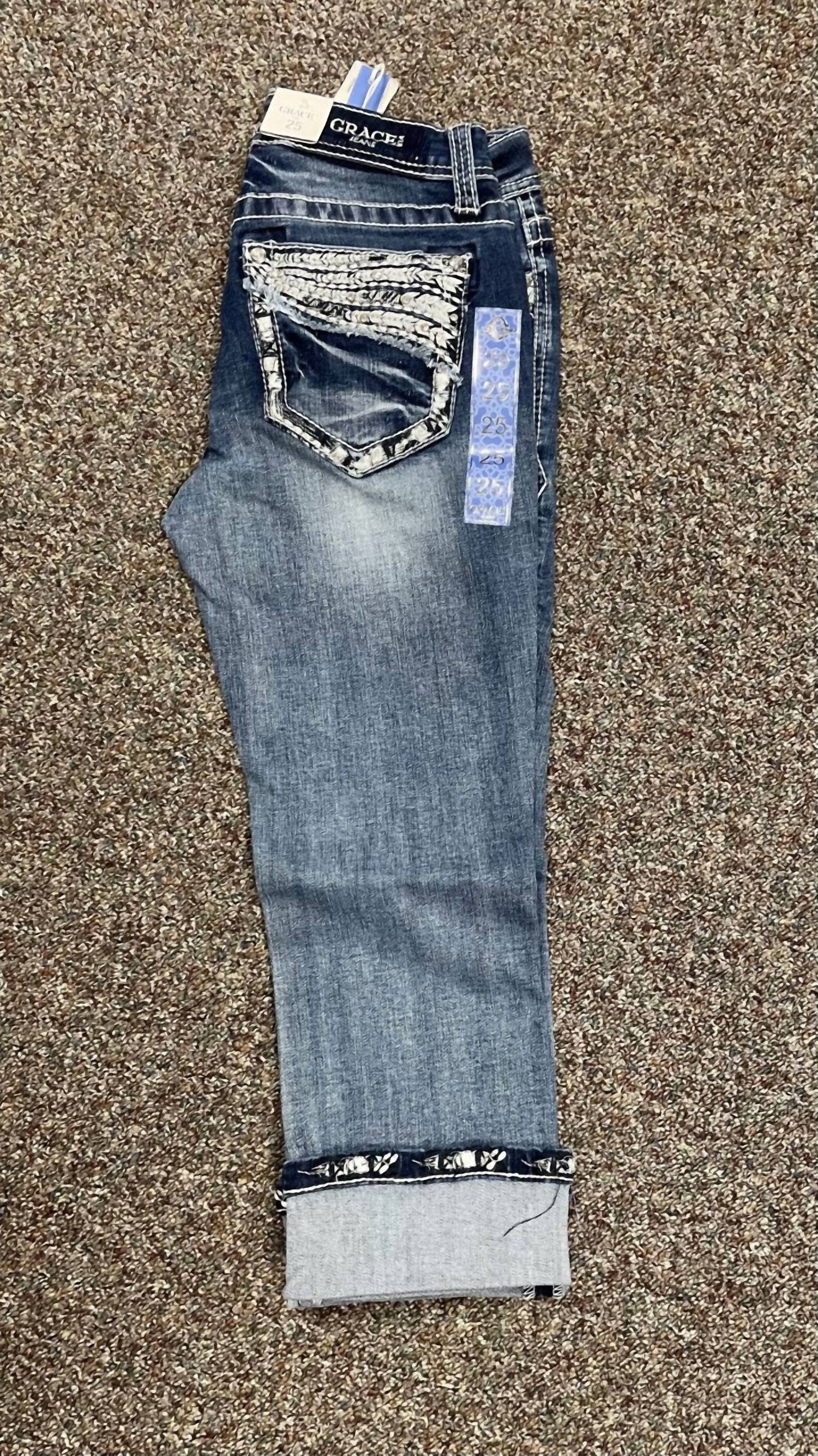 Grace In La - Cropped Embroidered Bling Stretch Cuffed Capri Jeans