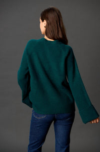 Before You Collection Ashton Wide Sleeve With Folded Cuff Sweater in forest green - women's cardigan - detail view