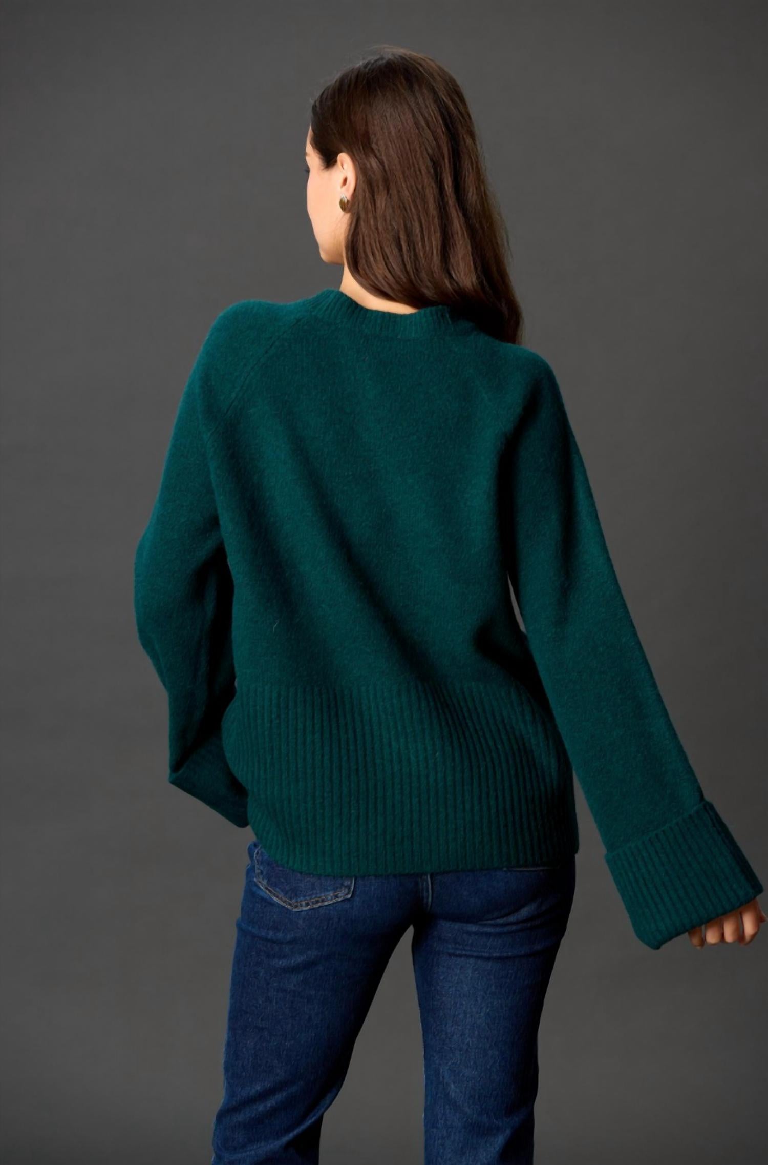 Before You Collection Ashton Wide Sleeve With Folded Cuff Sweater in forest green - women's cardigan - detail view