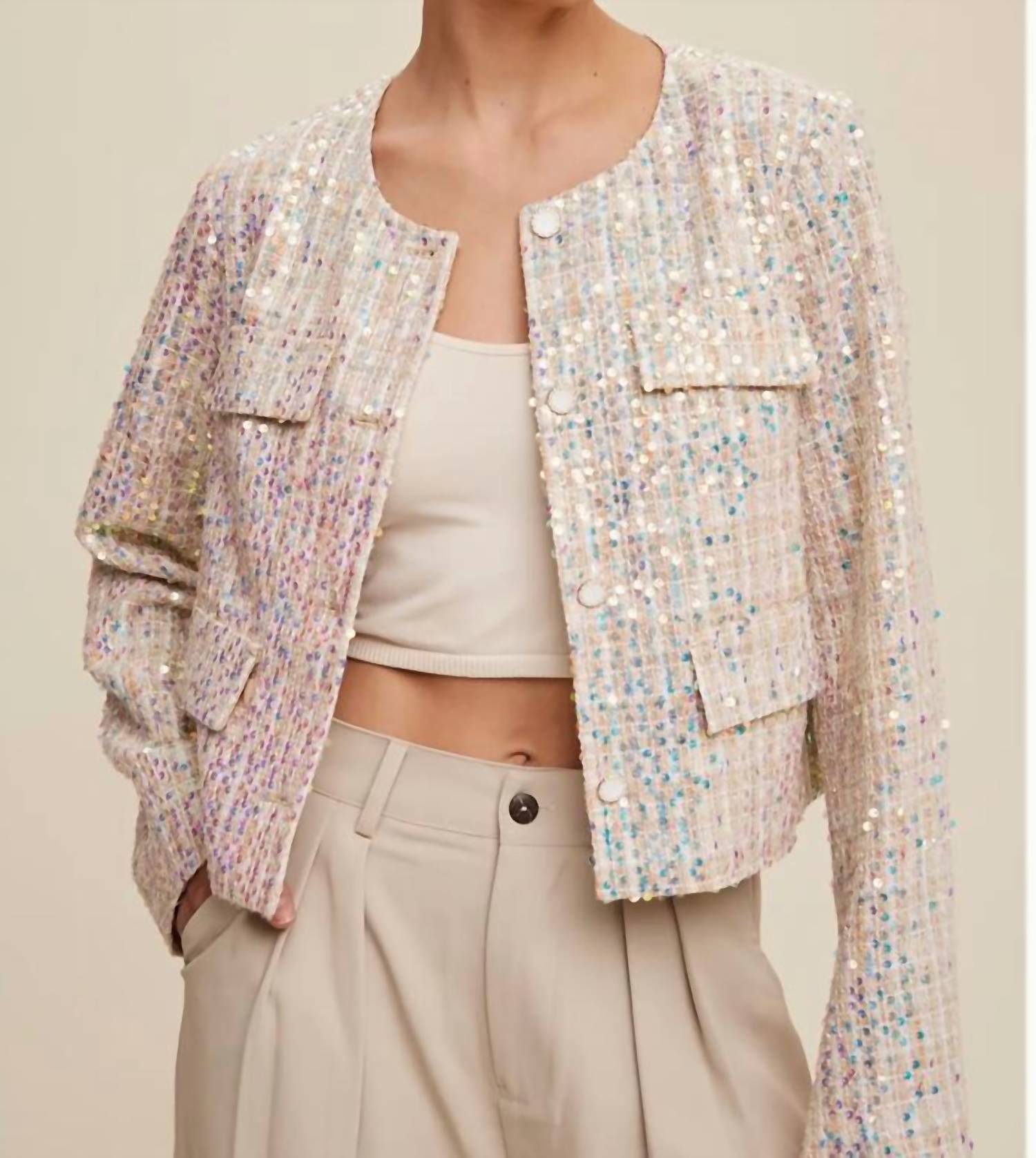 Listicle - Luxe Lights Sequin Cropped Tweed Jacket