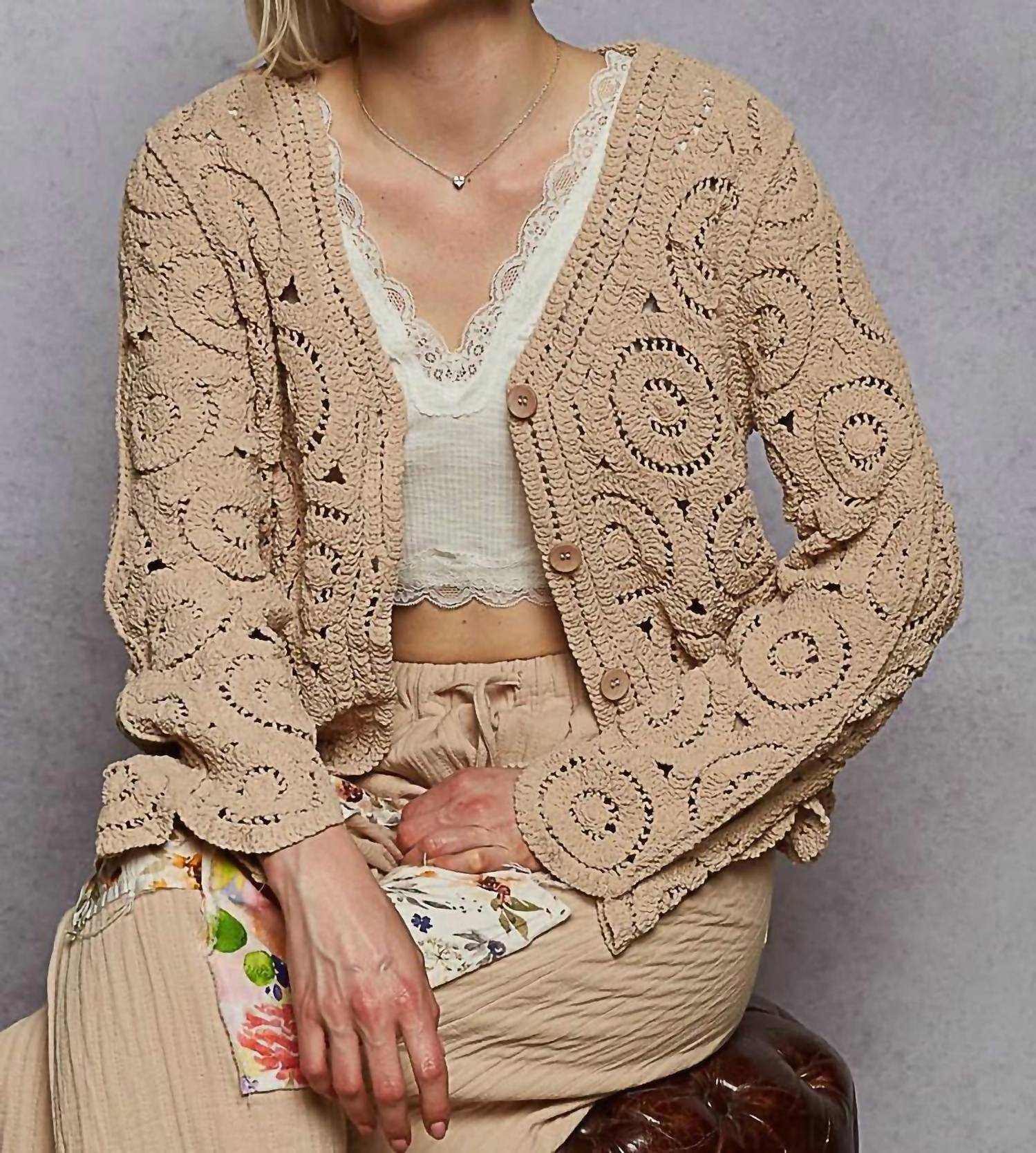 Pol - Button Down V-neck Crochet Cardigan