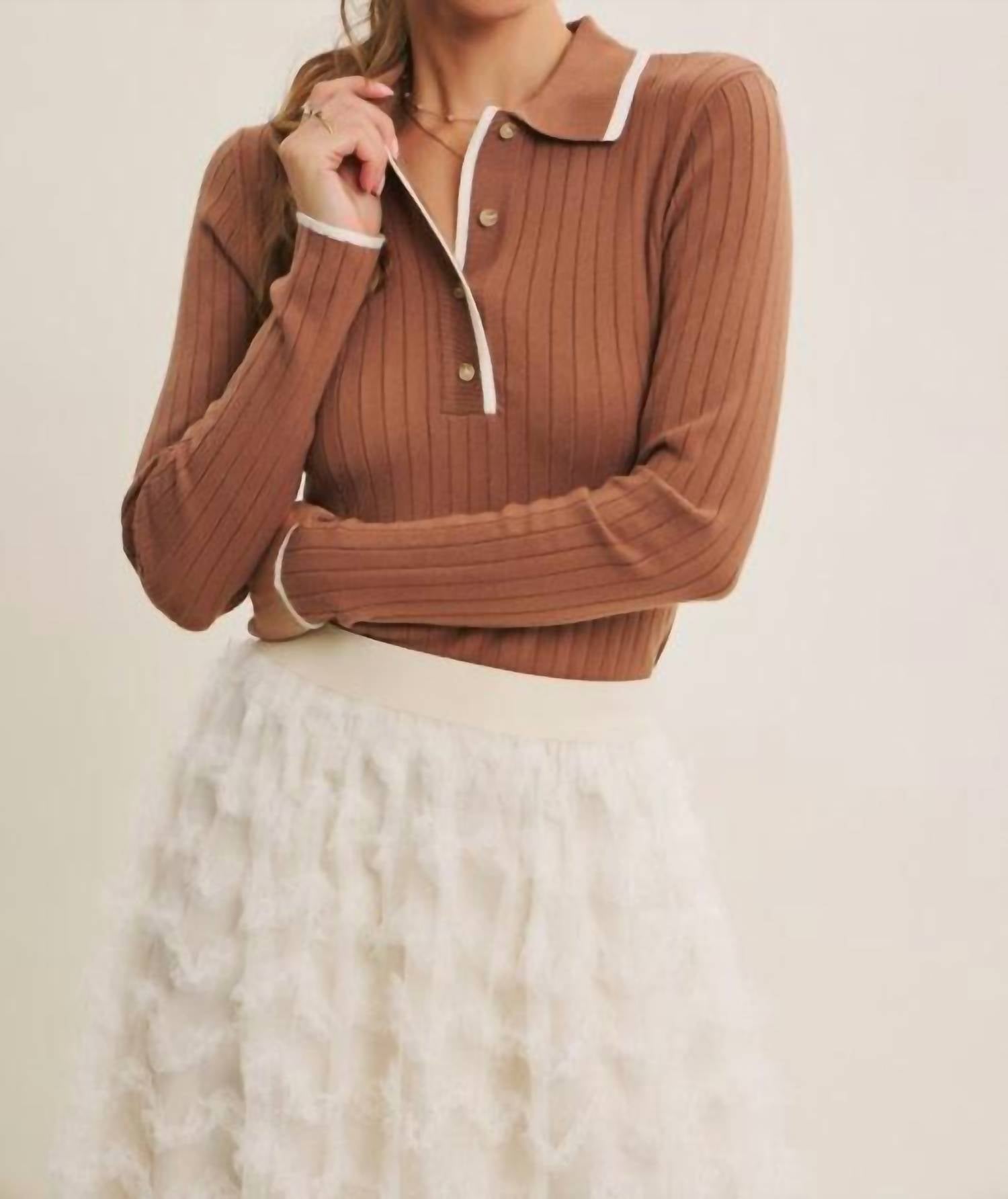 In February Quietly Elegant Sweater Polo in mocha mousse - women's long sleeve top - alternate view