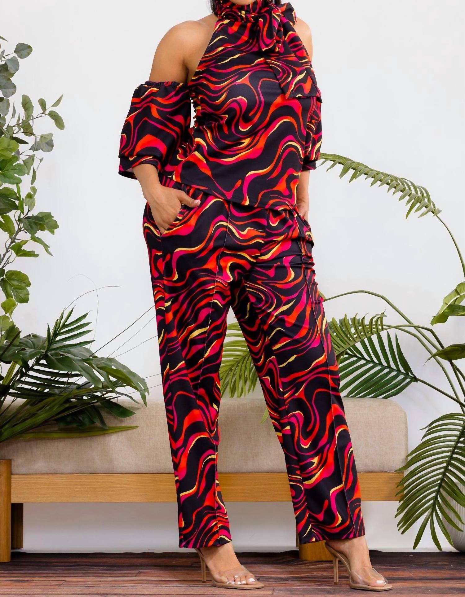 Karen Kane Cold Shoulder Top And Wide Leg Pants Set in red multi - women's pants - alternate view