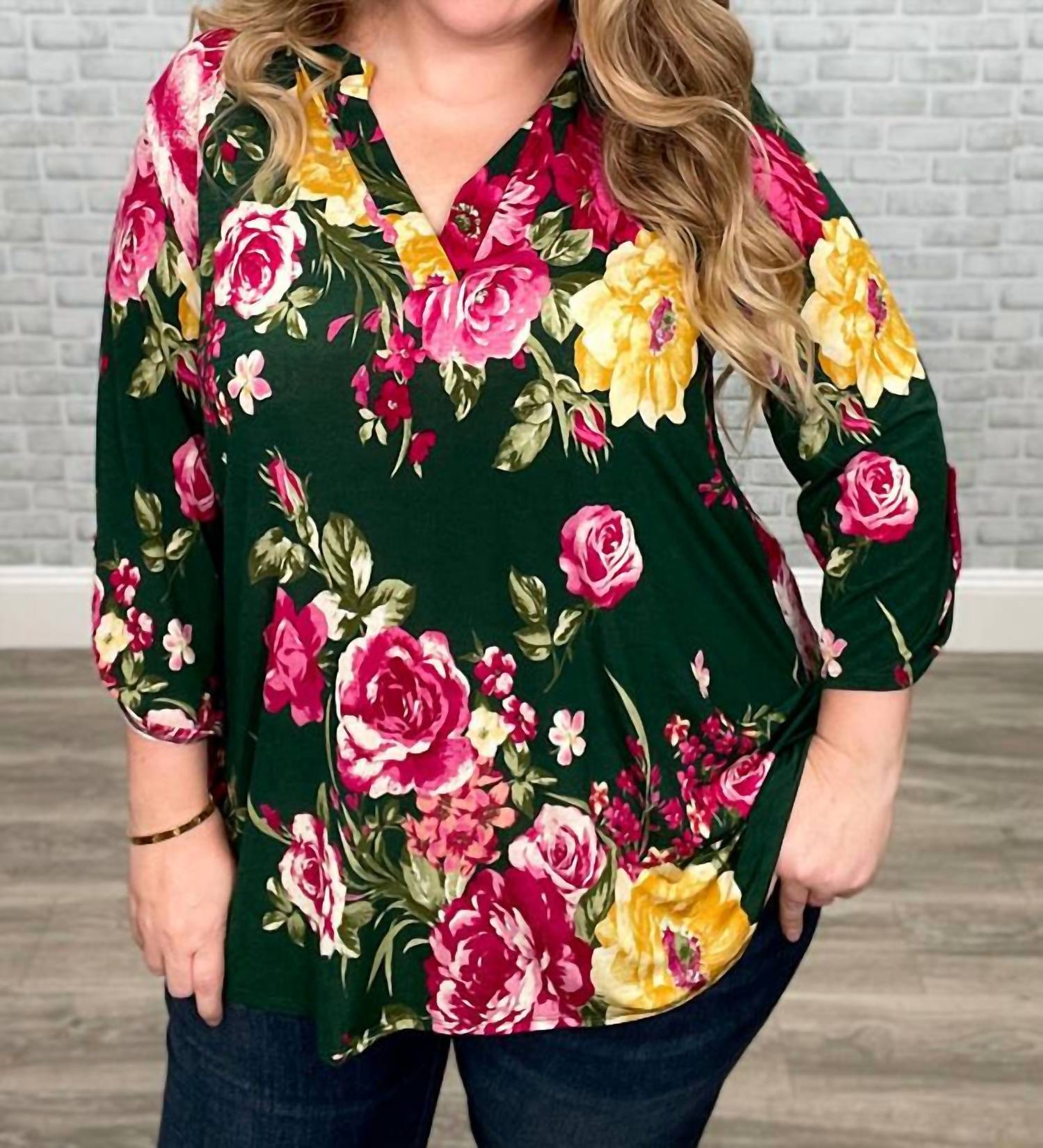 Honeyme - Floral Mandarin Collar Gabby Tunic Top