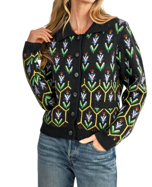 &Merci - Floral Knit Collared Sweater Cardigan