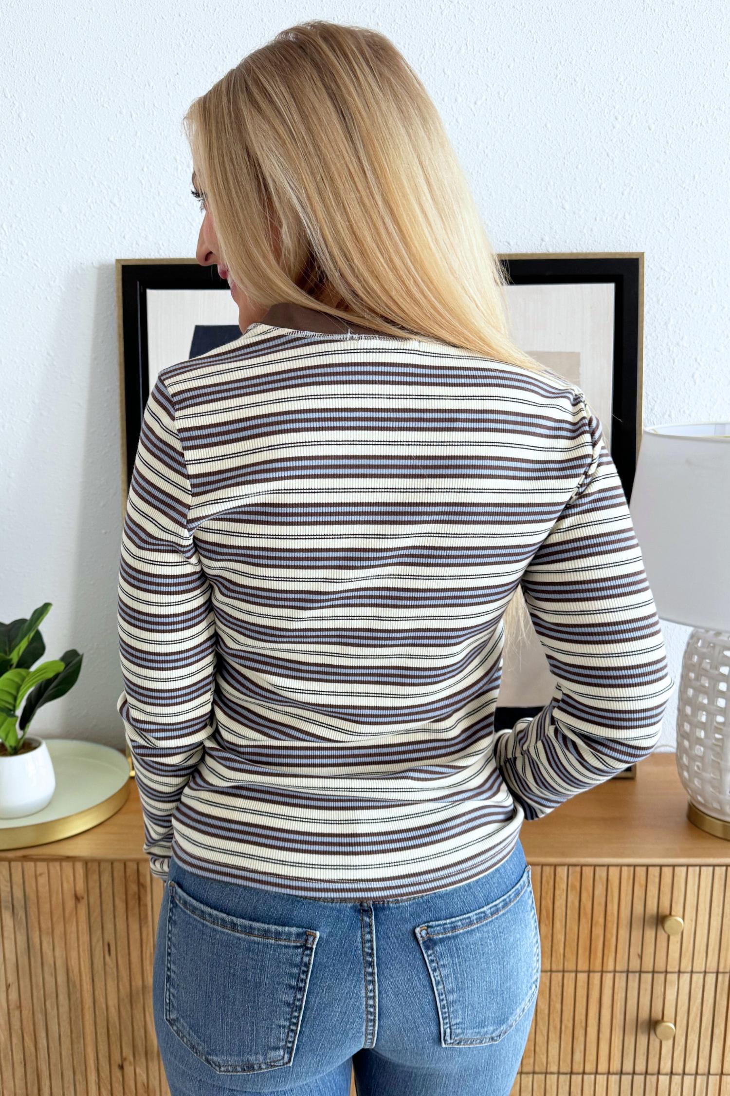 Wishlist - Half Button-down Striped Long Sleeve Top