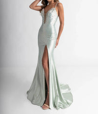 Rachel Allan - Satin Sleeveless Slit Prom Gown
