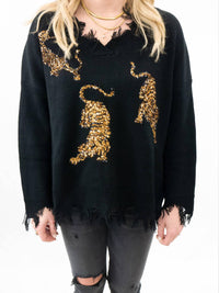 Blue B - Frayed V-Neck Tiger Sequin Sweater