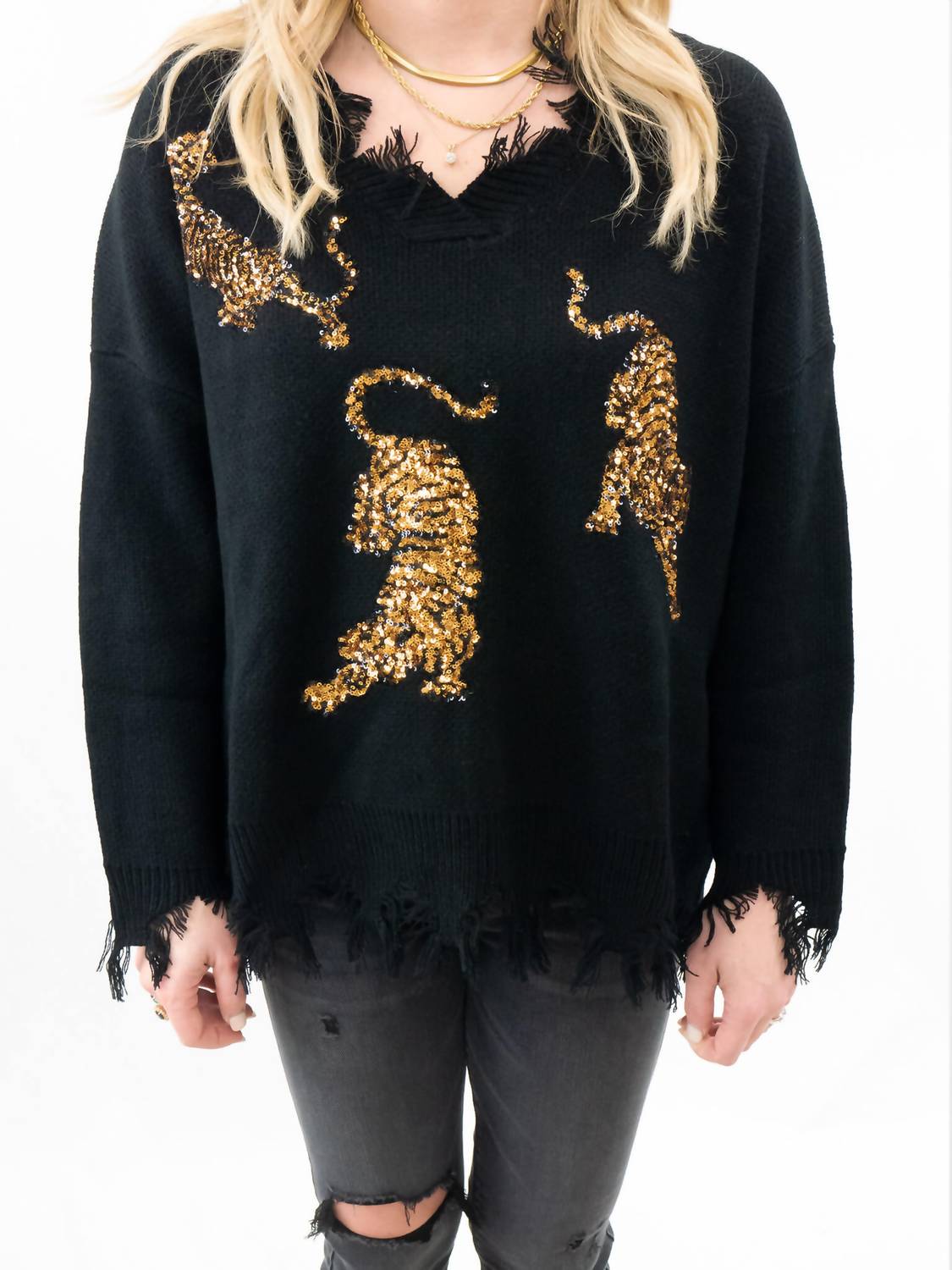 Blue B - Frayed V-Neck Tiger Sequin Sweater