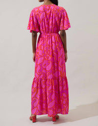 SUGARLIPS Inara Floral Evianna Button Down Flutter Maxi Dress in magenta multicolor - women's dress - alternate view