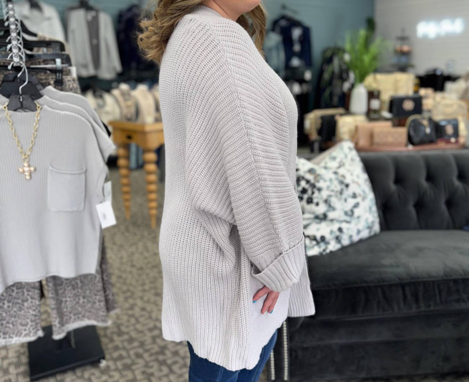 dear lover Oversized Fold Over Sleeve Open Front Cardigan in grey - women's cardigan - alternate view