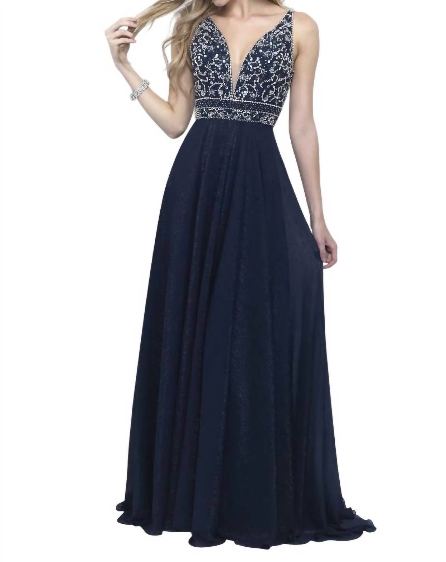 Blush Prom - Metallic Chiffon Deep V-neck Evening Dress
